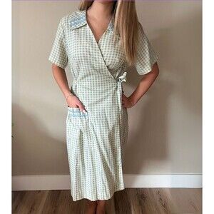 BNWT 1950s Deadstock Vintage Cream/Blue Gingham Wrap Dress w/ Ric Rac sz 18.5